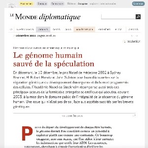 2002-12 • La bataille du clonage thérapeutique fait rage (page web: https://www.monde-diplomatique.fr/2002/12/SULSTON/9777).